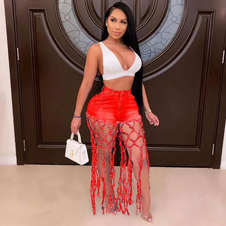 Summer Fashion Women Clothing Solid Color Denim High Waist Hollow Knotted Wide Leg Tassel Shorts Jeans