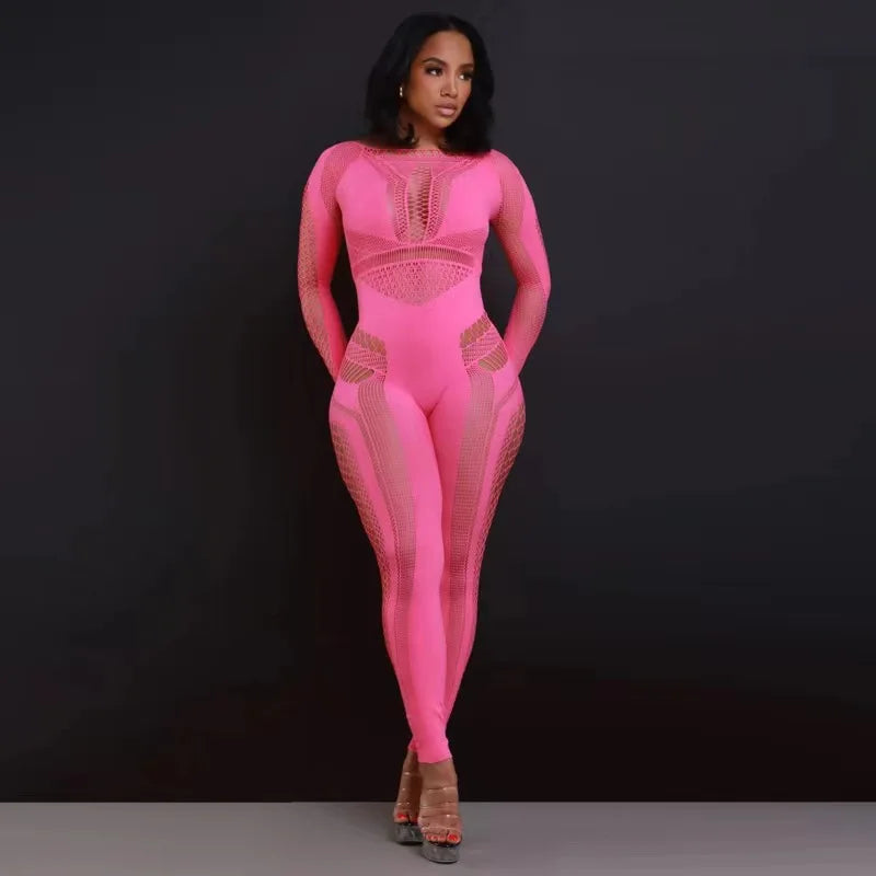 New Arrival Woman Bodysuit Hollow Out Middle Waist Tight Large Size Jumpsuits Solid Color Long Sleeve Sexy See-Through Jumpsuit