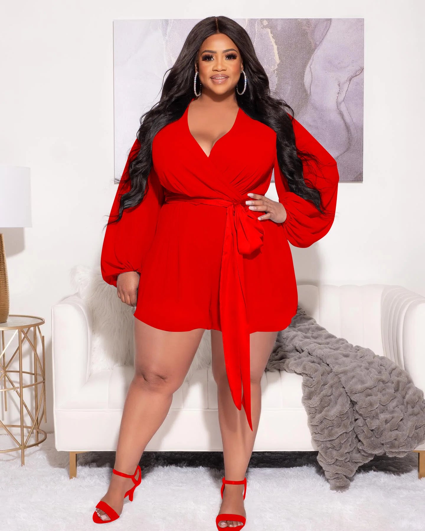 BH1058 Plus Size Autumn Women Breathable Casual Loose Fit Solid Color Chiffon Sexy Short Above Knee Romper with Belt