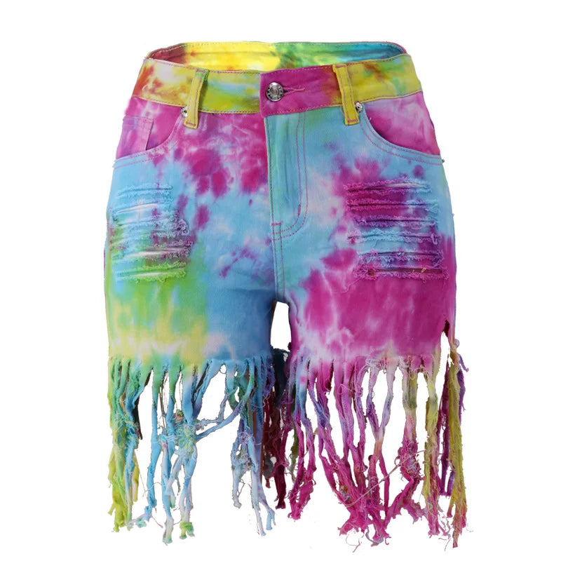 2026 Summer New Fashion Tie Dye Long tassel Denim Shorts For Women High Elasticity Skinny Jeans Shorts Street Trendy Clothing