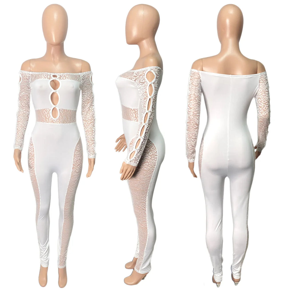 2024 Spring Jumpsuits See-through Leopard Print Pearl Buckle One Shoulder Sexy Jumpsuits for Women