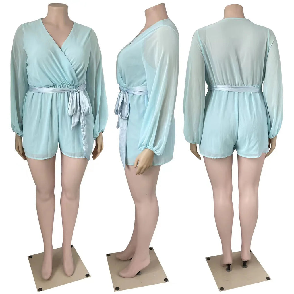 BH1058 Plus Size Autumn Women Breathable Casual Loose Fit Solid Color Chiffon Sexy Short Above Knee Romper with Belt