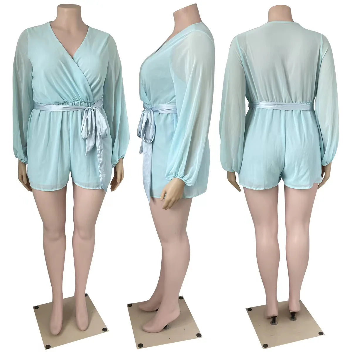 BH1058 Plus Size Autumn Women Breathable Casual Loose Fit Solid Color Chiffon Sexy Short Above Knee Romper with Belt