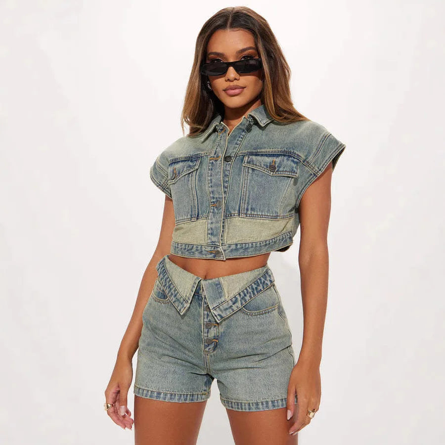 New 2025 Fashion Casual Denim Two Piece Shorts Set Women Clothing Slimming Jeans Tops Shorts Denim Set for Women