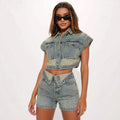 New 2025 Fashion Casual Denim Two Piece Shorts Set Women Clothing Slimming Jeans Tops Shorts Denim Set for Women