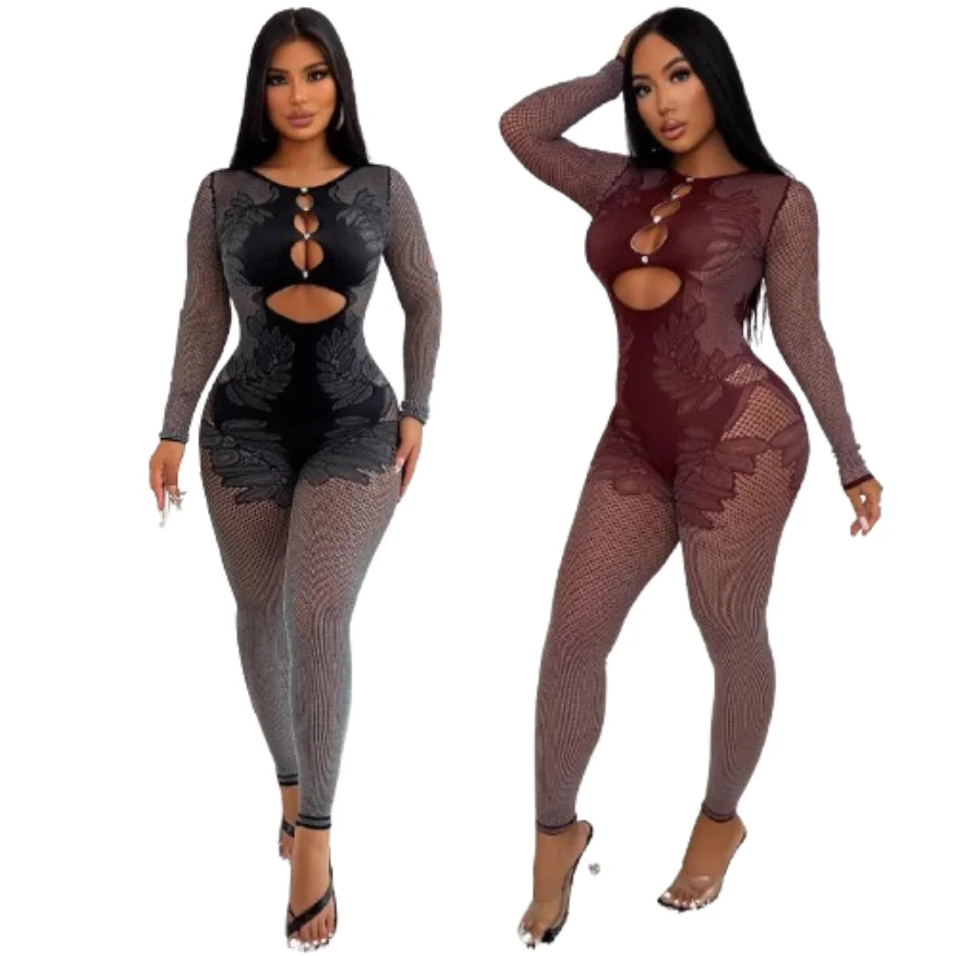 Ladies Long Sleeve See Through One Pieces Bodycon Rompers Women Sexy Hollow Out Knitted Lace Slim-Fit Jumpsuit