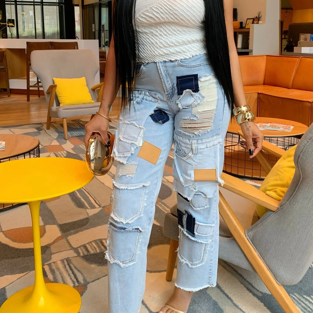 BR4981 New Women's Fashion Casual Printed Tape Ripped Jeans Straight Leg Pants