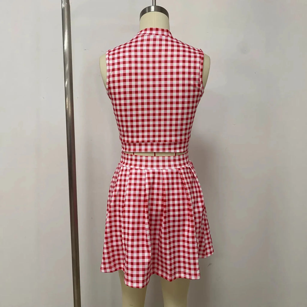 BR6267 Women's Fashion Popular Gentle Sweet Sleeveless Button Decorated Plaid Short Skirt Two-Piece Set