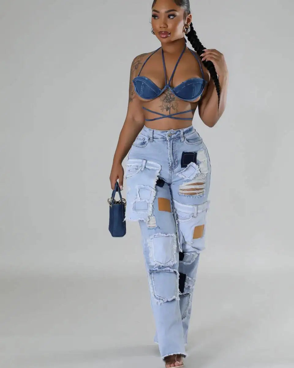 BR4981 New Women's Fashion Casual Printed Tape Ripped Jeans Straight Leg Pants