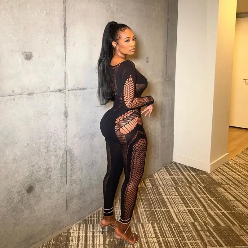 New Arrival Woman Bodysuit Hollow Out Middle Waist Tight Large Size Jumpsuits Solid Color Long Sleeve Sexy See-Through Jumpsuit
