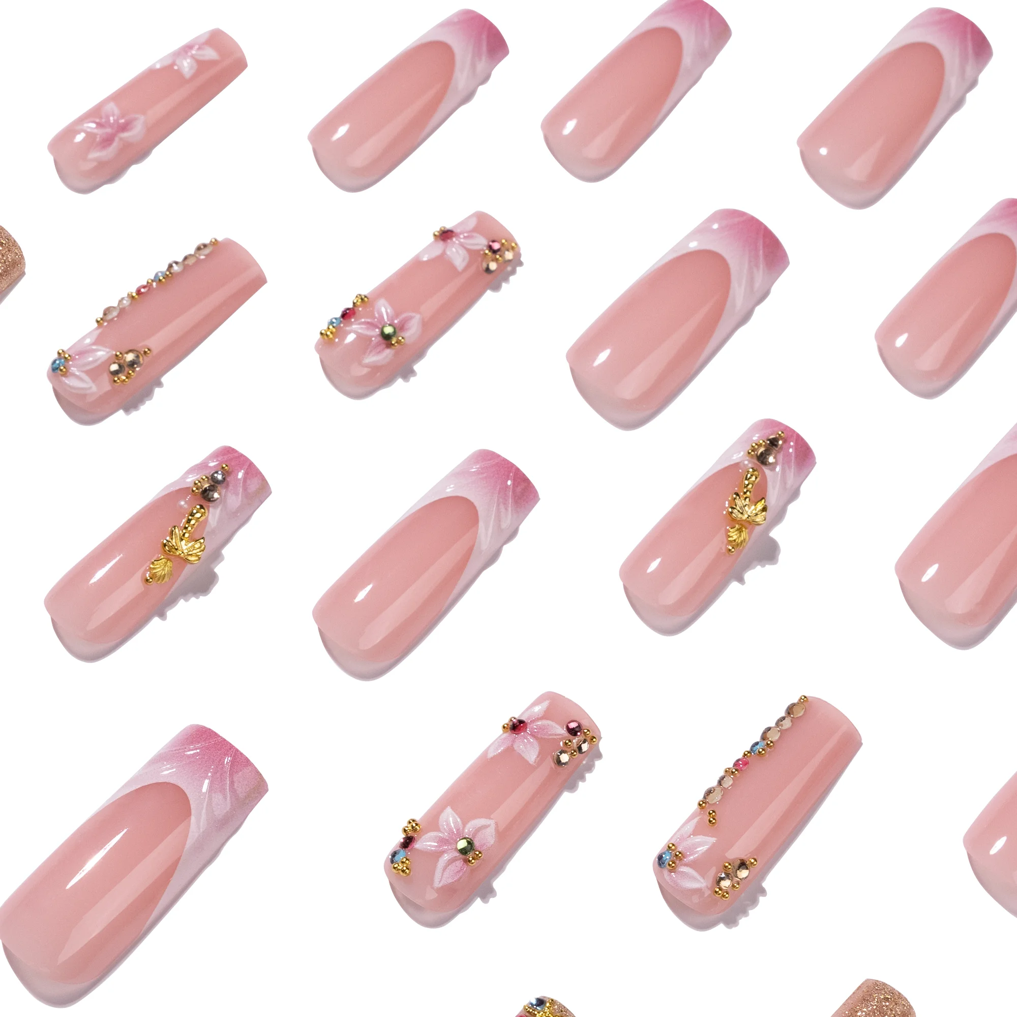 24pcs 4351 PMMA Chic Flower Nail Art Medium Square False Nails Artificial Fingernails Customize OEM ODM
