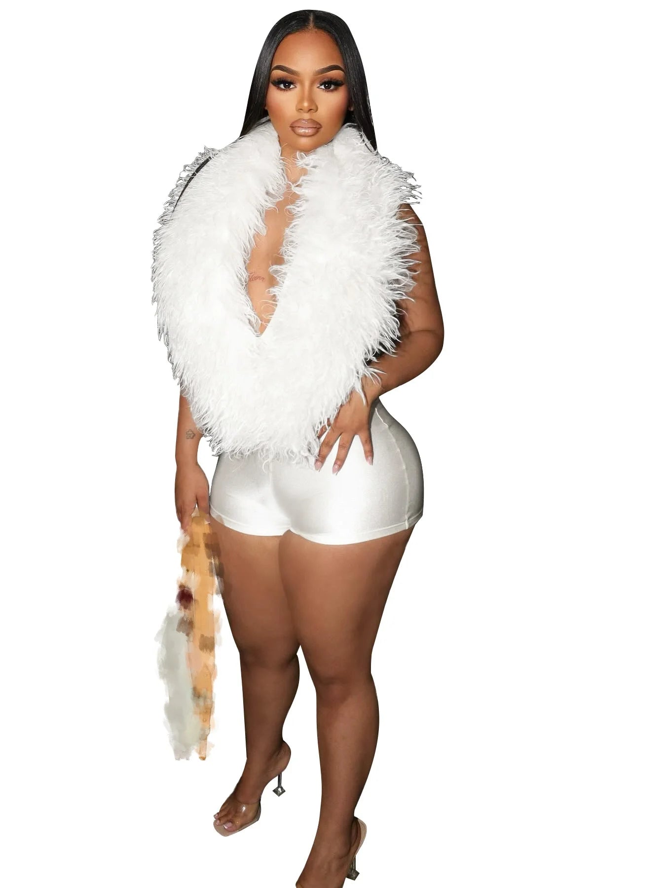 2025 Women New Jumpsuit Elegant Artificial Fur with Sexy Deep V-neck Halter Sleeveless Bodysuit Ladies Casual Rompers