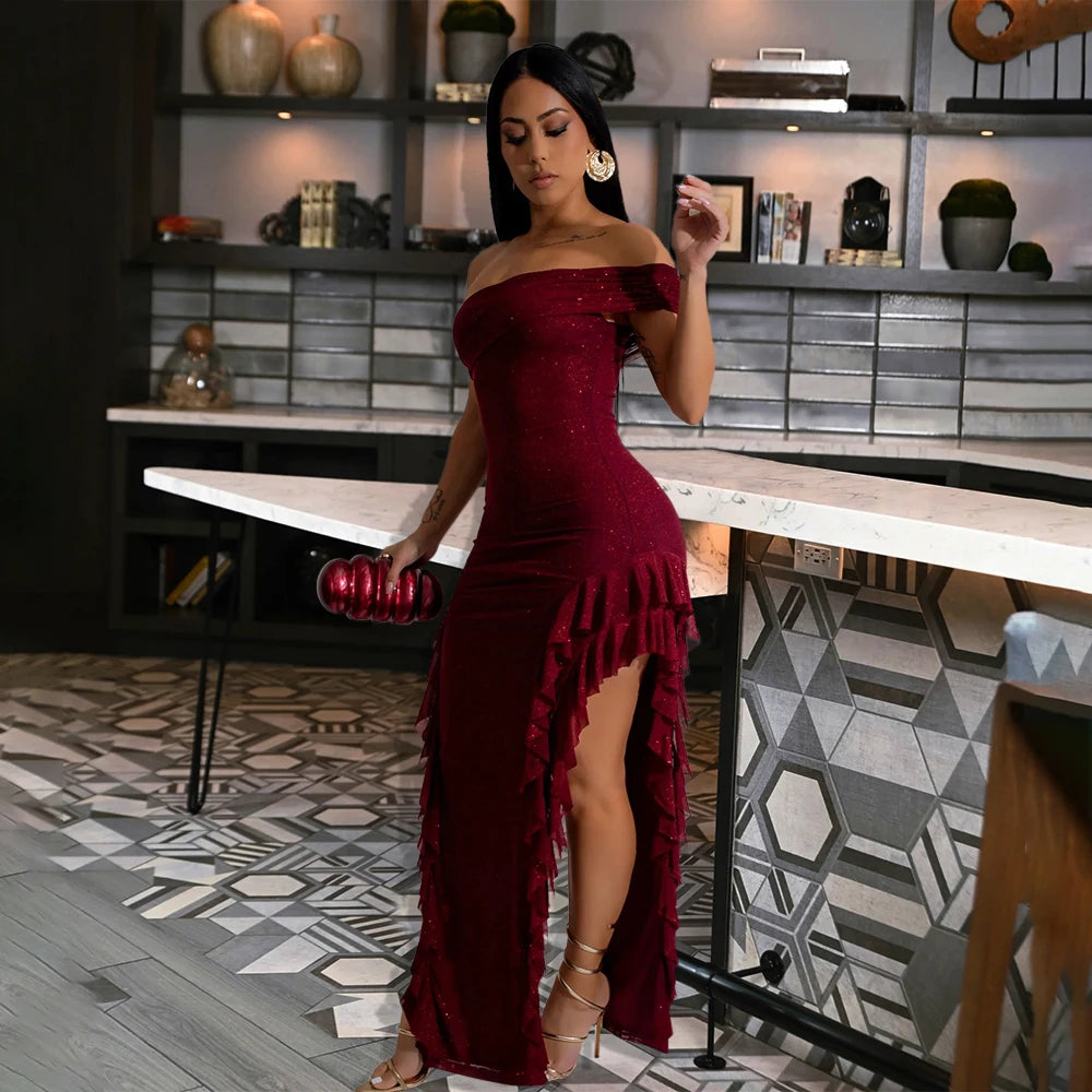 In Stock  CY901546 Moonlit Ruffle Maxi Dress One Shoulder Elegant Evening Dresses for Party Club Birthday 2025 Woman Clothing