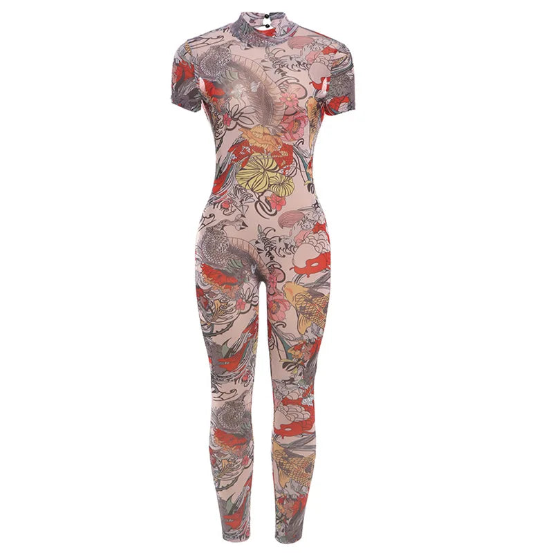 2024 Summer New Women's Sexy Backless Fashion Print Perspective Mesh Club Evening Jumpsuit