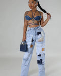 BR4981 New Women's Fashion Casual Printed Tape Ripped Jeans Straight Leg Pants