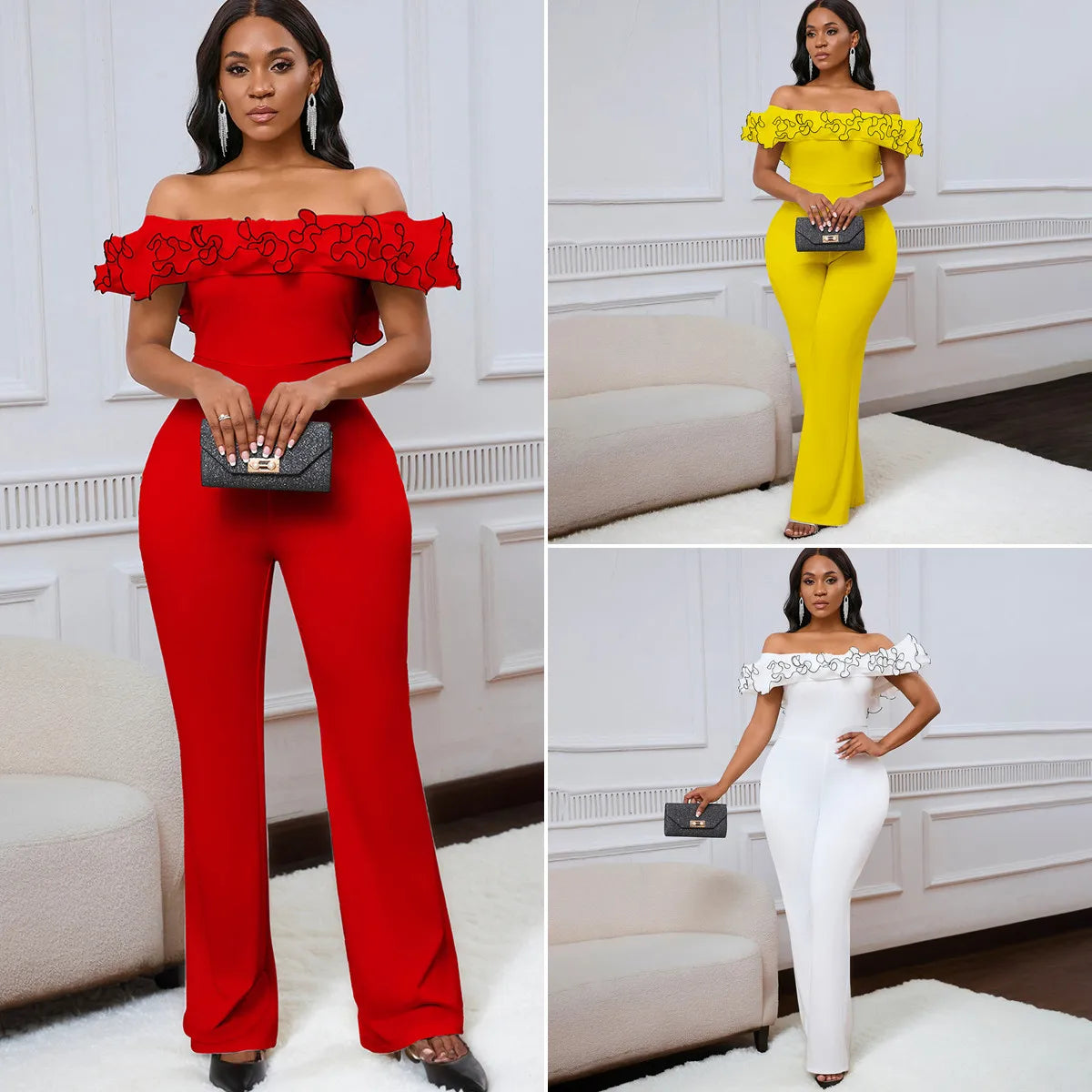D523 Latest Design Elegant Female Jumpsuit Women Tight Slim Solid Color Ruffles Off Shoulder Short Sleeve Jumpsuit for Ladies