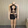 Serpentine Pu 2 Piece Set Women Sexy Hollow Out Cross Halter Backless Lace up Tank Crop Tops Split Bodycon Mini Skirts