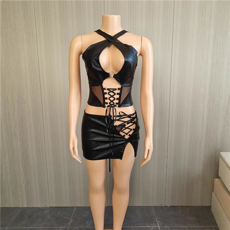 Serpentine Pu 2 Piece Set Women Sexy Hollow Out Cross Halter Backless Lace up Tank Crop Tops Split Bodycon Mini Skirts