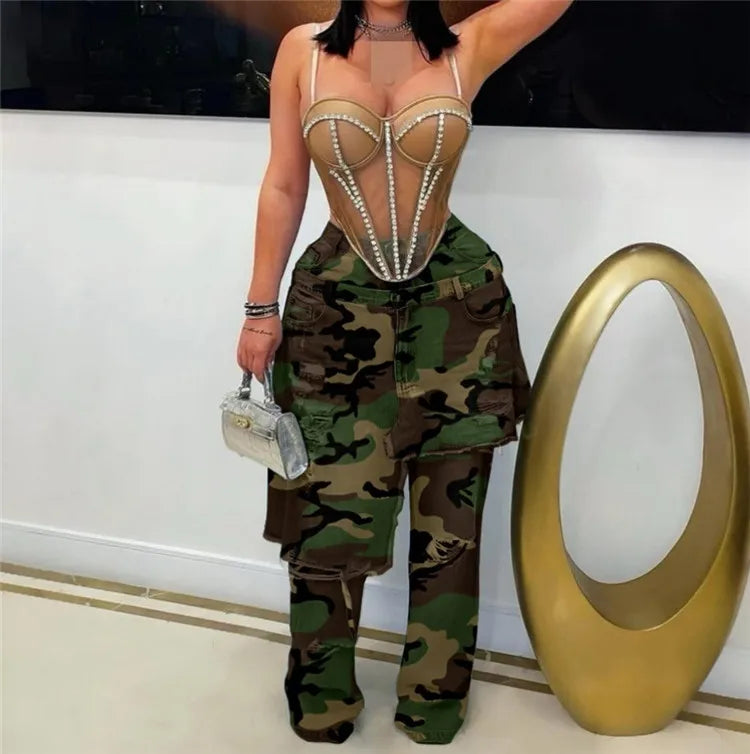 2025 Fall Women's Ripped Out Stretchy Denim Pants Sexy High Waist Hole Camouflage Straight-leg Jeans Y2k Streetwear