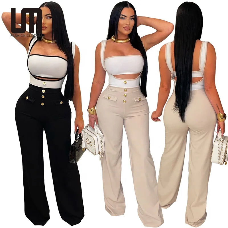 Liu Ming New Fashion 2024 Spring Summer Streetwear Outfits Sleeveless Strapless Vest Wide Leg Rompers Women Jumpsuit