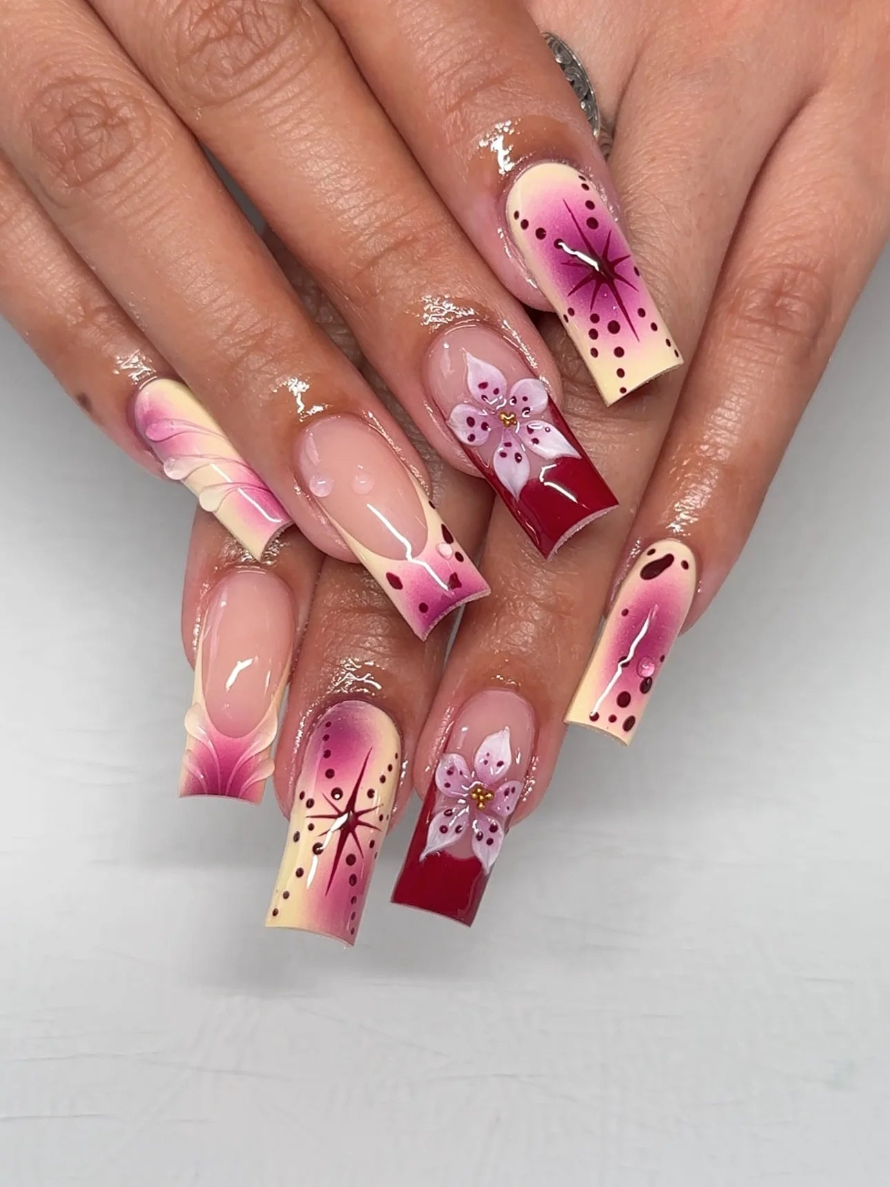 Handmade Square 3D Lily Press on Nails Glue on False Nails for Women