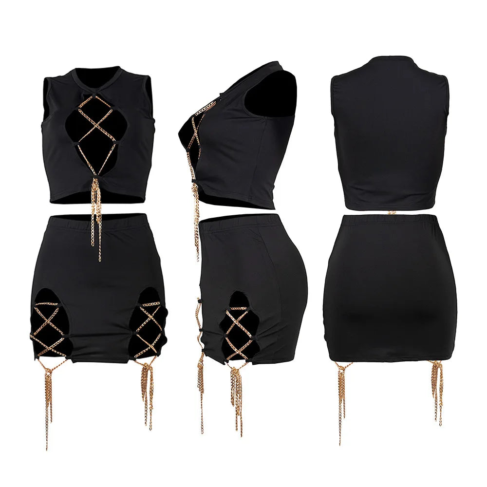 New Arrival Summer Sexy Club Outfits Lace up Crop Top and Mini Skirt Two Piece Skirt Set Women