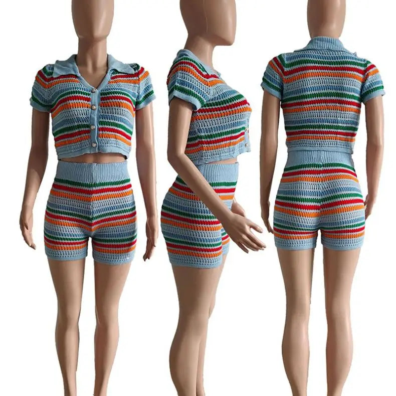 Summer Boutique Clothing Knitted 2 Crop Top and Women Sets Striped Loungewear Knit Two Piece Ladies Shorts Outfits
