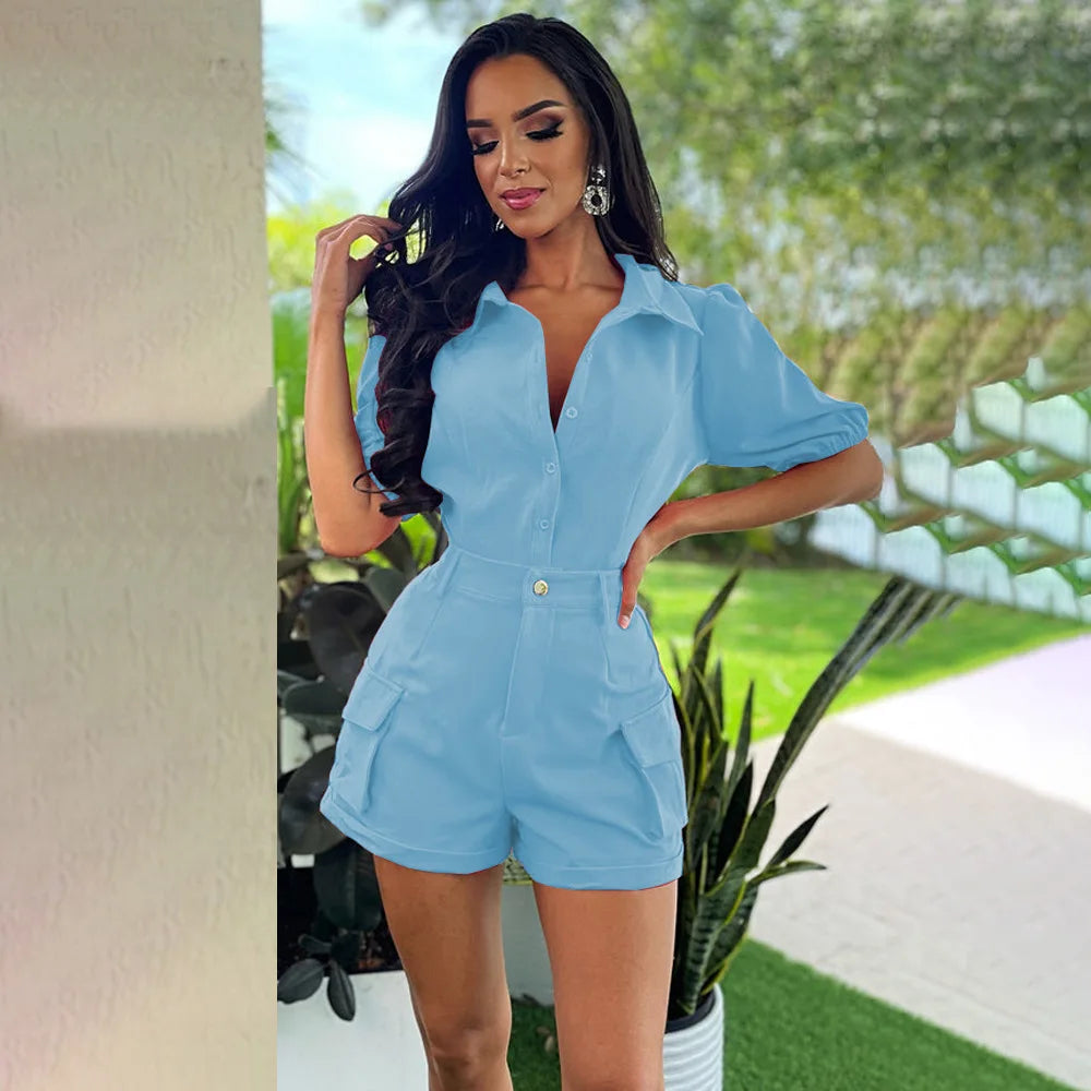 Sm9311 New Arrivals Overall 2024 Button Zipper Bubble Sleeve Pocket Loose Short Sleeve Cardigan Shorts Two Piece Set