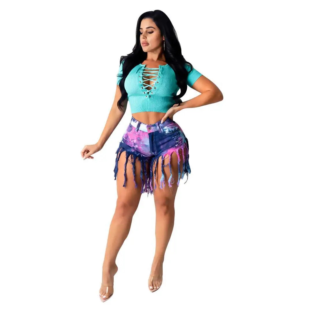 2026 Summer New Fashion Tie Dye Long tassel Denim Shorts For Women High Elasticity Skinny Jeans Shorts Street Trendy Clothing