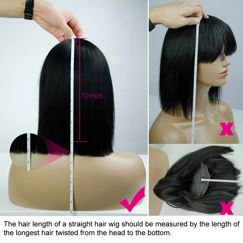 Short Bob Wig With Bangs Glueless Human Hair Wig Ready to Go Straight Hair Bob Wigs Brazilian Remy Full Machine Wigs for Women
