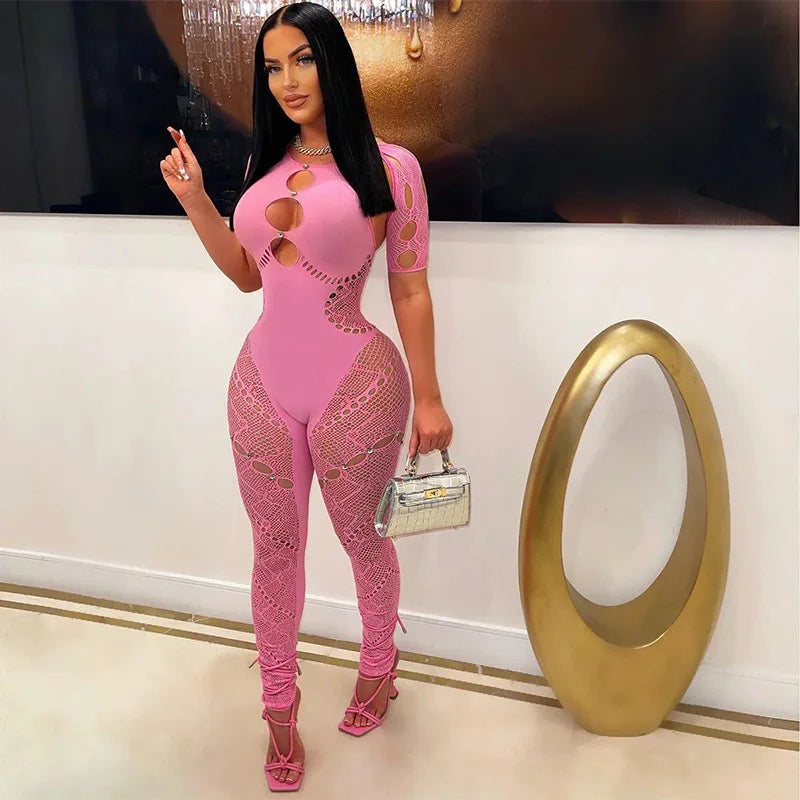 Short Sleeve Hollowed Out Drilling Sexy Slim High-waisted Lace One-piece Playsuits Sexy Romper Woman