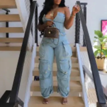 S-3XL  New Fashion Women's Clothing Sexy Strapless Single Breasted Jumpsuit Multi Pocket Workwear Jumpsuit