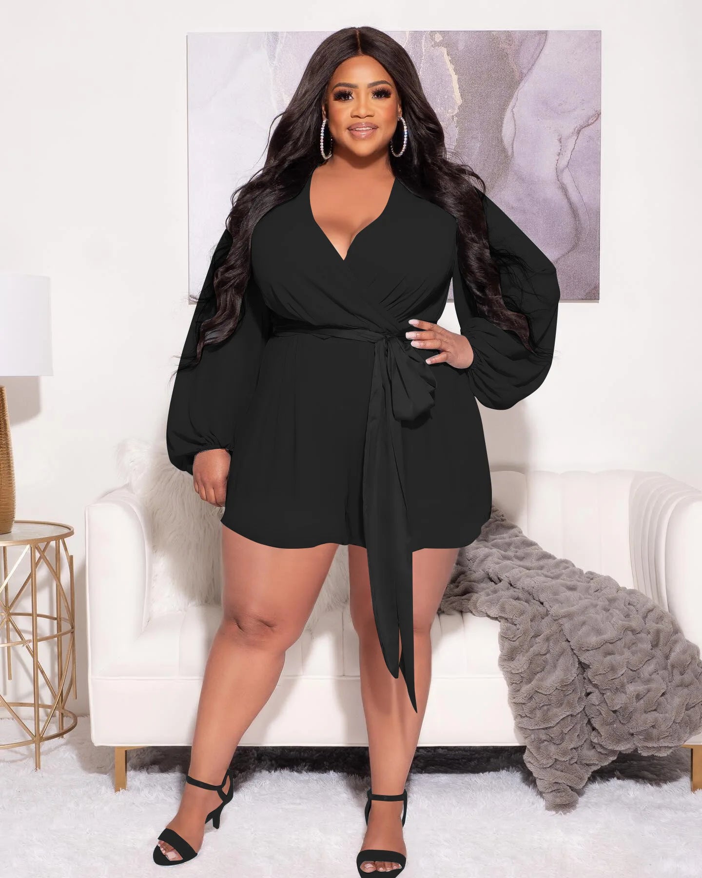 BH1058 Plus Size Autumn Women Breathable Casual Loose Fit Solid Color Chiffon Sexy Short Above Knee Romper with Belt