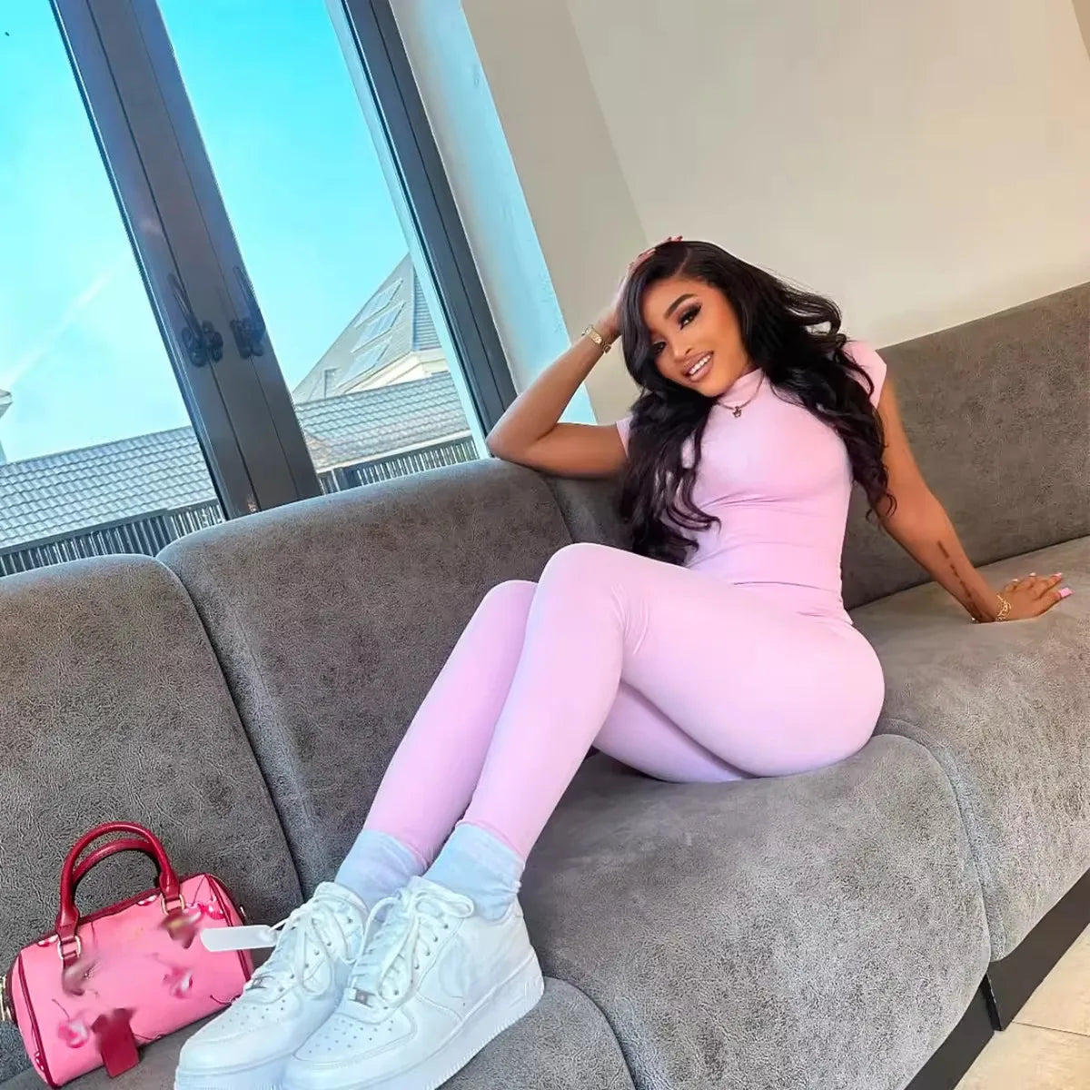 J8455-trendy Solid Color Seamless Legging 2 Piece Set Lady Yoga Wear Jogger Two Piece Set Women Tracksuit