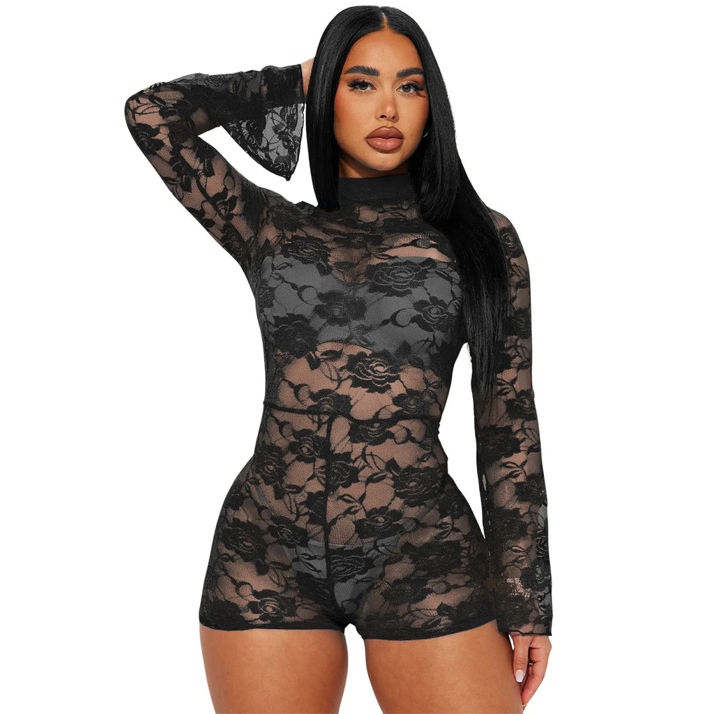 Women Sexy Lace Mesh Romper Skin Tight Cut Out Jumpsuit See Thru Body Shaping Red Lace Jumpsuit