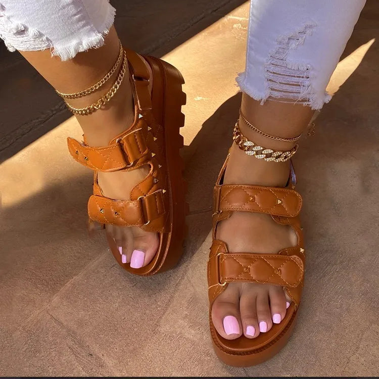Women's European American Summer Sandals New 24th Year Thick-Soled Platform Roman Velcro Fastening Plaid Muffin Design Plus Size