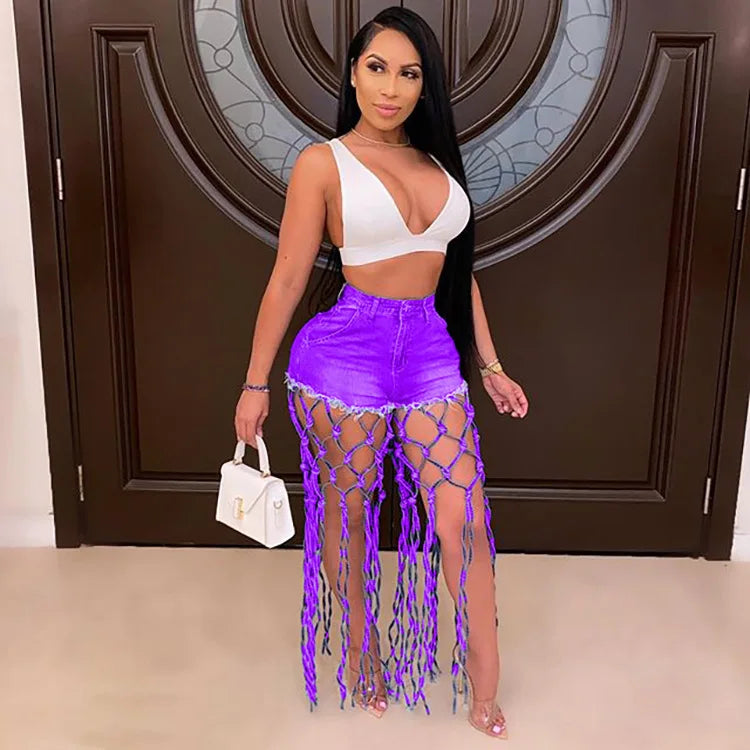 Summer Fashion Women Clothing Solid Color Denim High Waist Hollow Knotted Wide Leg Tassel Shorts Jeans