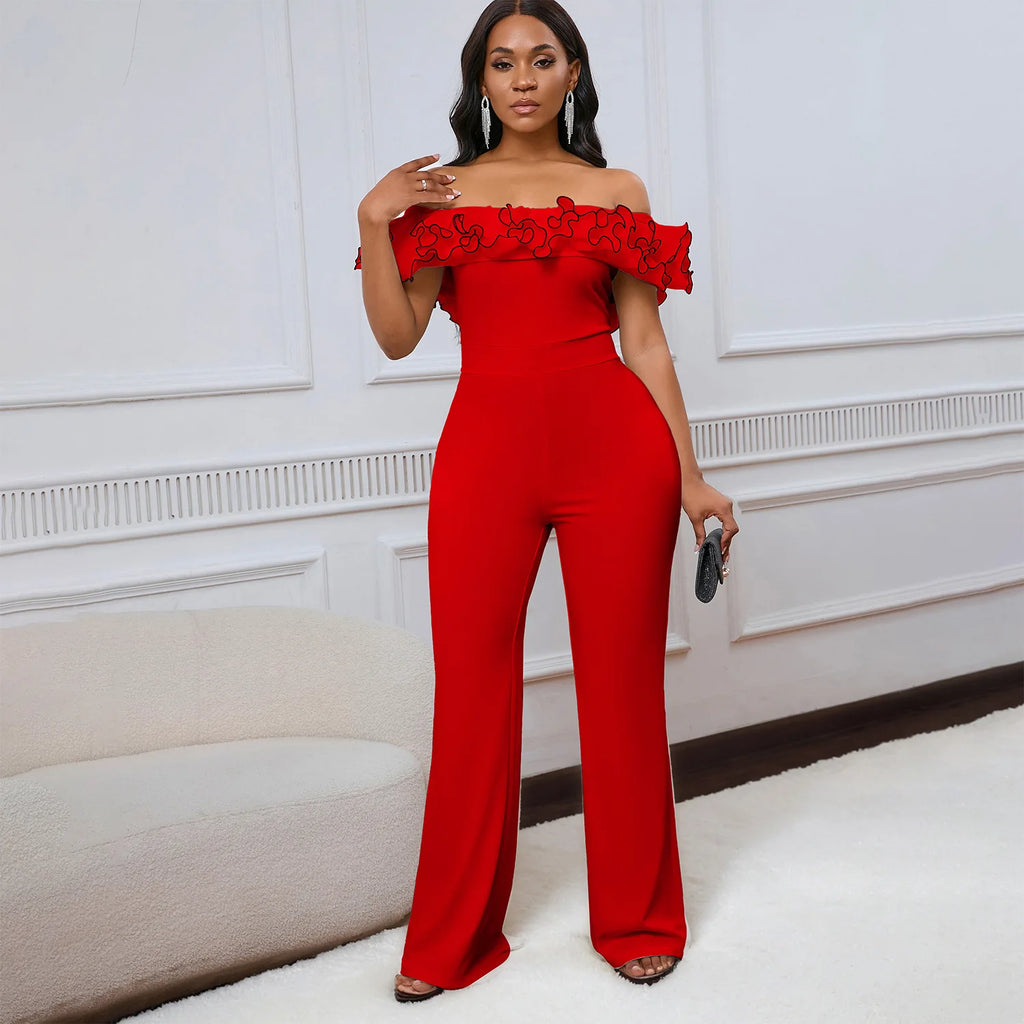D523 Latest Design Elegant Female Jumpsuit Women Tight Slim Solid Color Ruffles Off Shoulder Short Sleeve Jumpsuit for Ladies