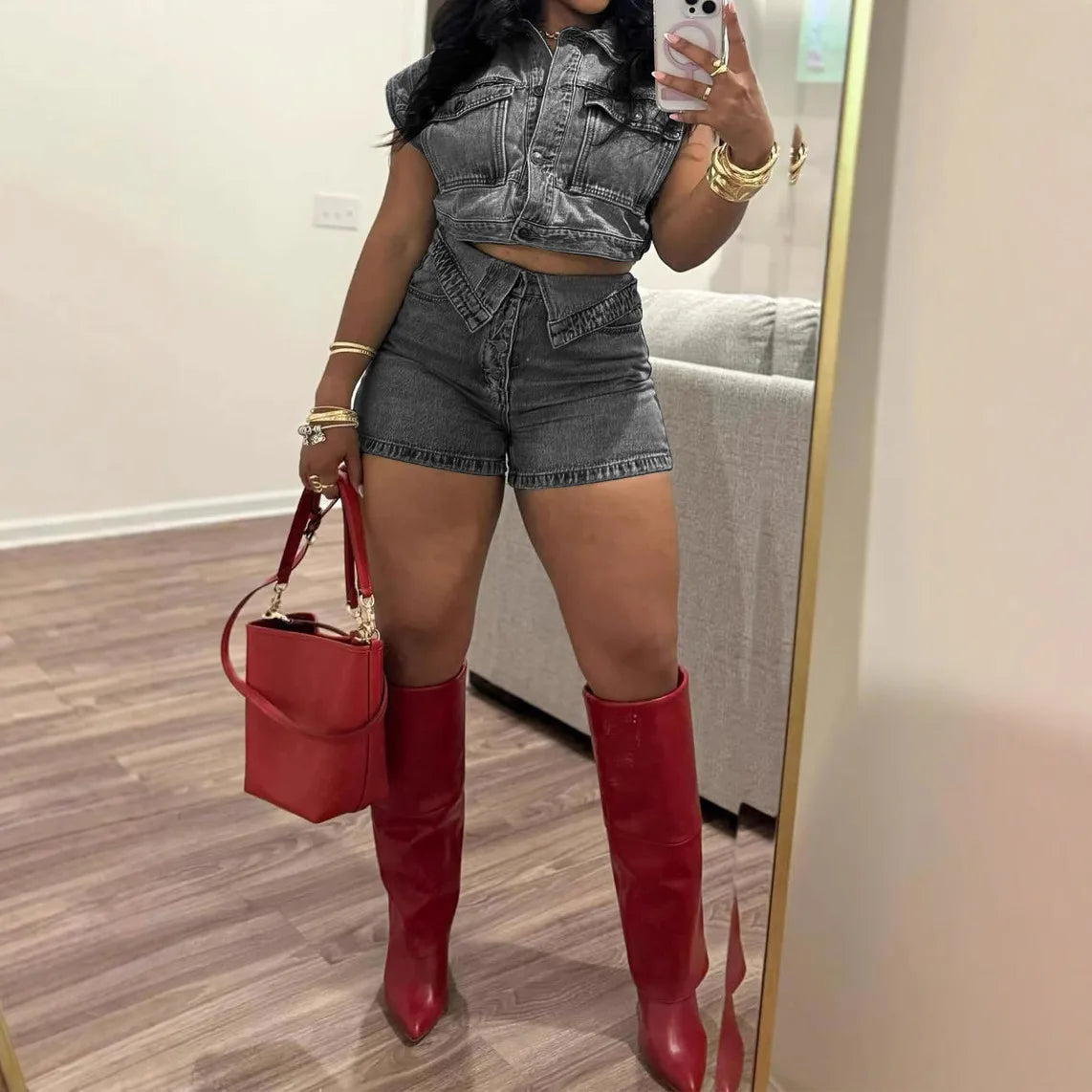 New 2025 Fashion Casual Denim Two Piece Shorts Set Women Clothing Slimming Jeans Tops Shorts Denim Set for Women