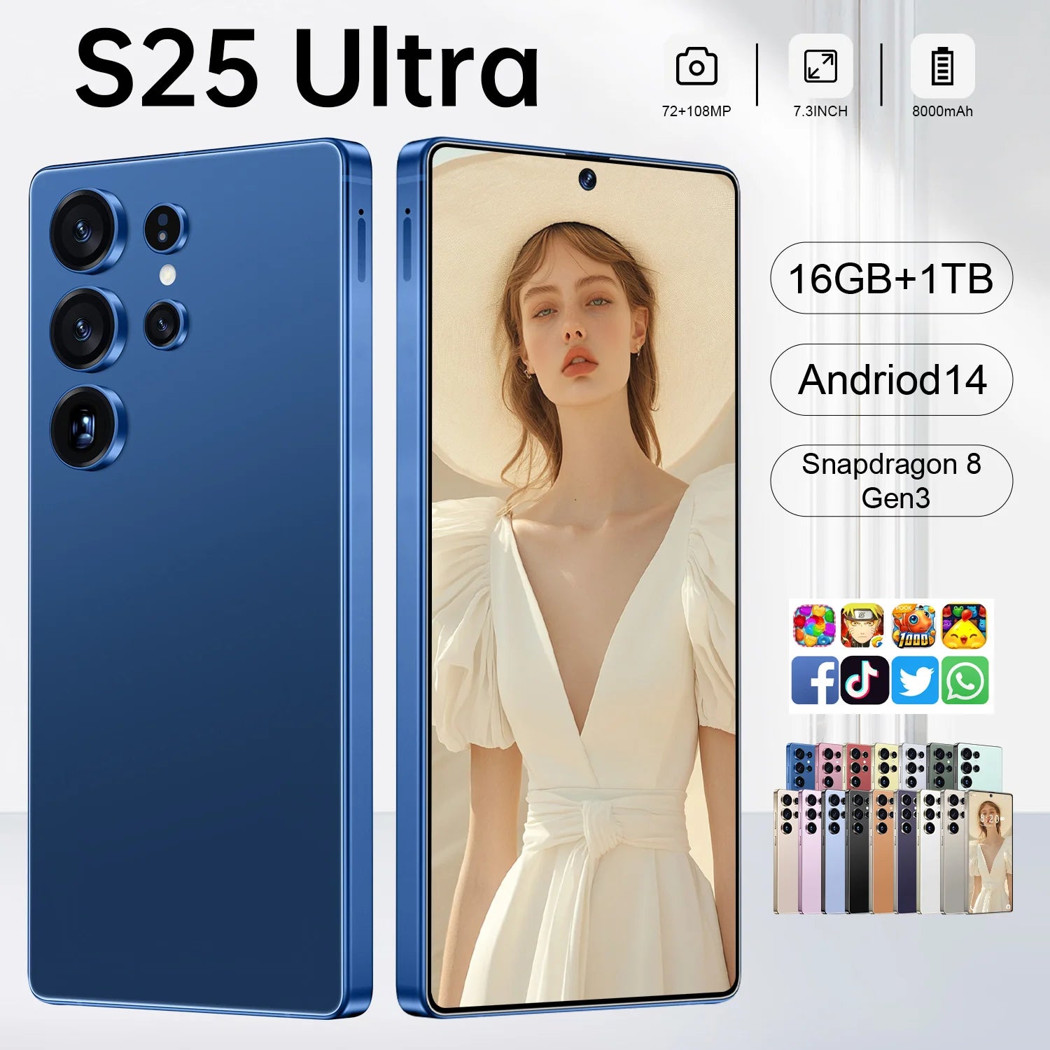 S25 Ultra 8000mAh Battery 7.3 Inch HD Screen 108MP Rear 65W for Extended Use Remote Areas-French Spanish English