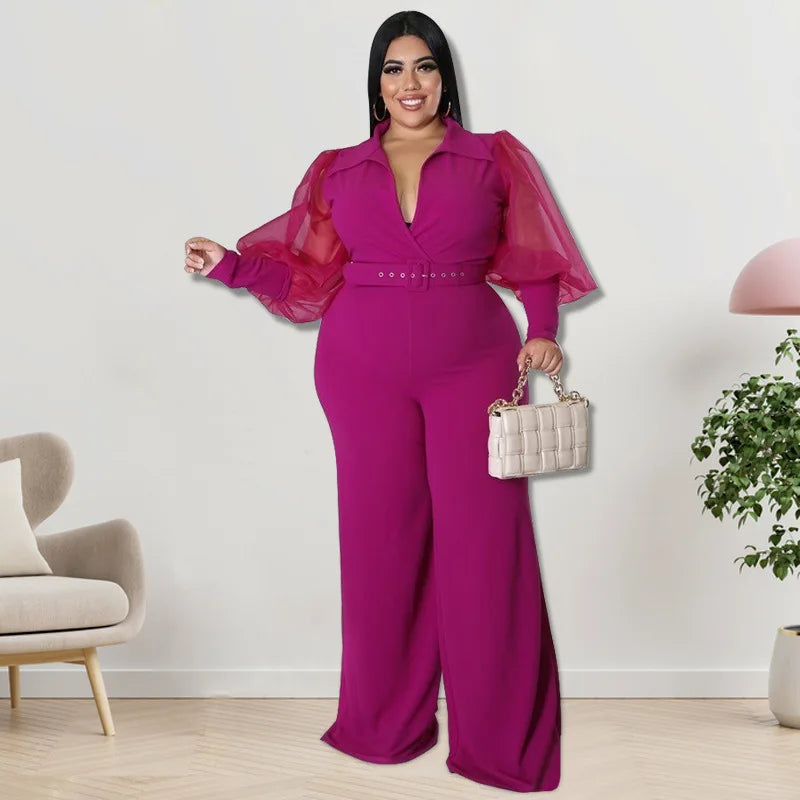 J2182 Trendy Jumpsuit Women Clothing Plus Size Women's V-Neck Long Sleeve Wide Leg Jumpsuit for Ladies