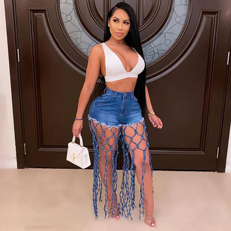 Summer Fashion Women Clothing Solid Color Denim High Waist Hollow Knotted Wide Leg Tassel Shorts Jeans