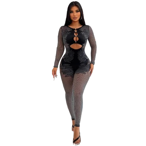 Ladies Long Sleeve See Through One Pieces Bodycon Rompers Women Sexy Hollow Out Knitted Lace Slim-Fit Jumpsuit