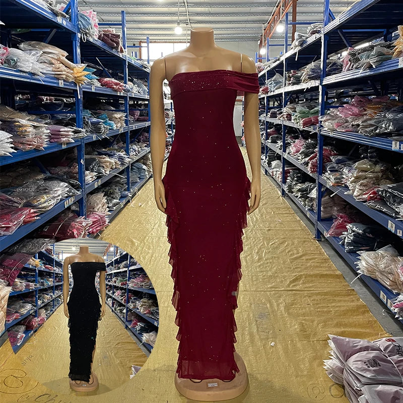 In Stock  CY901546 Moonlit Ruffle Maxi Dress One Shoulder Elegant Evening Dresses for Party Club Birthday 2025 Woman Clothing