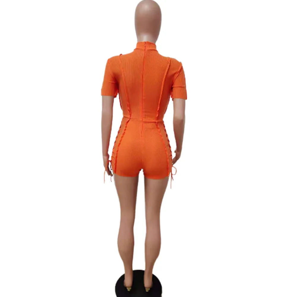 ANSKZTN Women Fashion Bodycon Solid O Neck Hollow Out Bandage Short Sleeve Rompers Jumpsuit