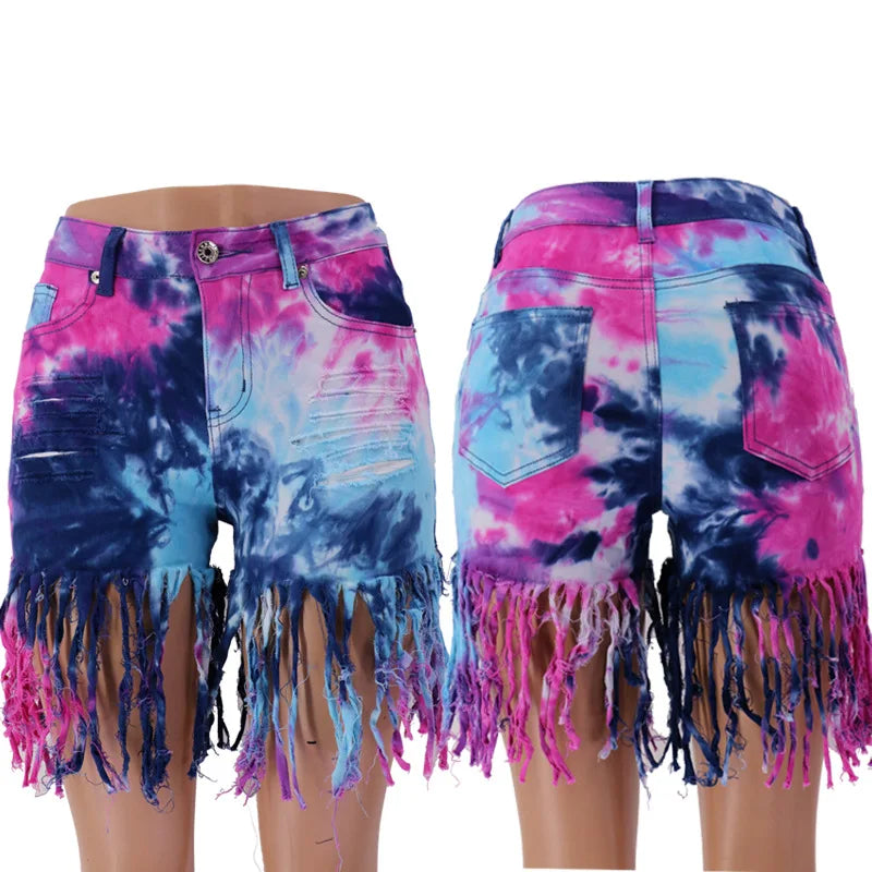 2026 Summer New Fashion Tie Dye Long tassel Denim Shorts For Women High Elasticity Skinny Jeans Shorts Street Trendy Clothing
