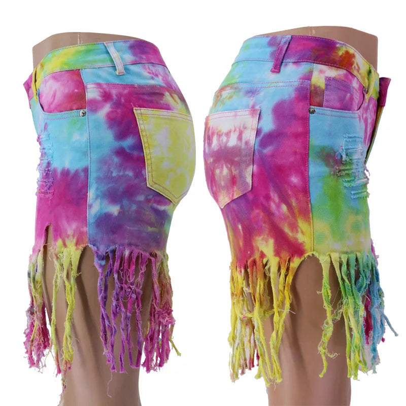 2026 Summer New Fashion Tie Dye Long tassel Denim Shorts For Women High Elasticity Skinny Jeans Shorts Street Trendy Clothing