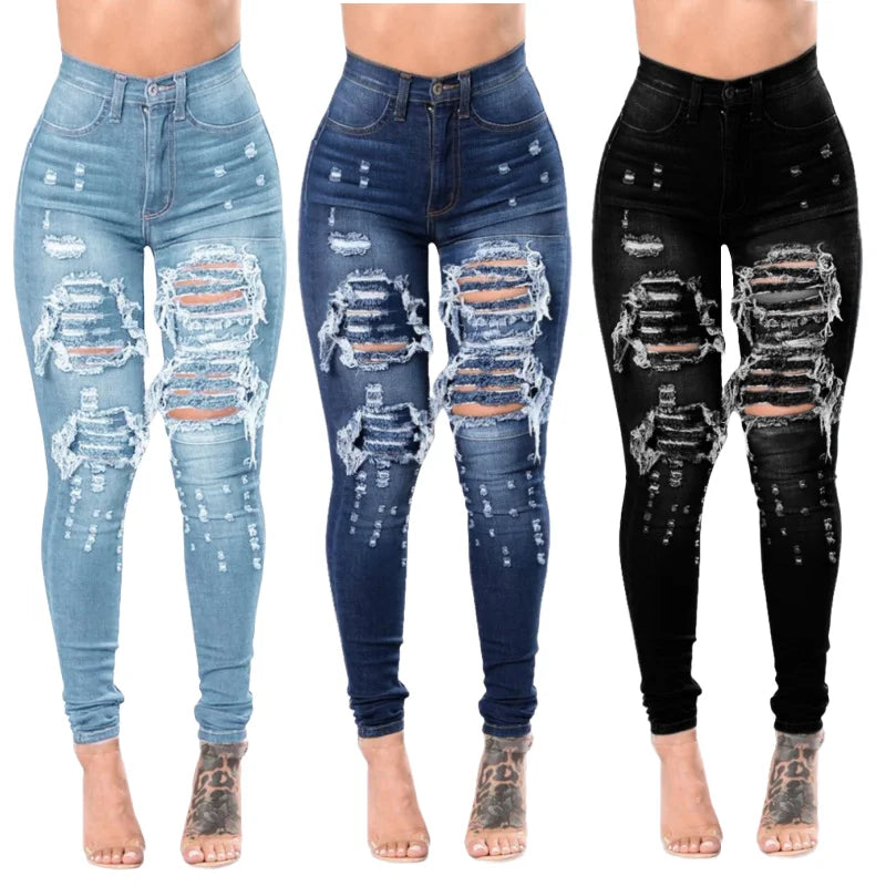 Women's High Waist Skinny Jeans, Distressed Ripped Denim Pants for Casual Street & Daily Wear