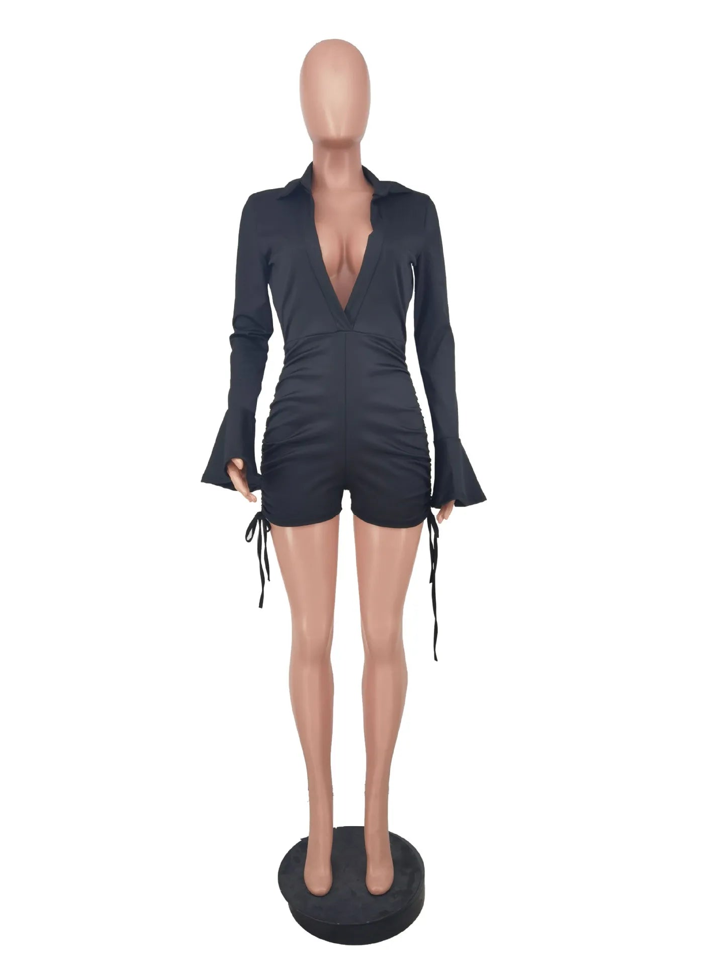 31153 Chic Design Women's Sexy Solid Color Long Sleeve Shorts Solid Color Lace-up Jumpsuit