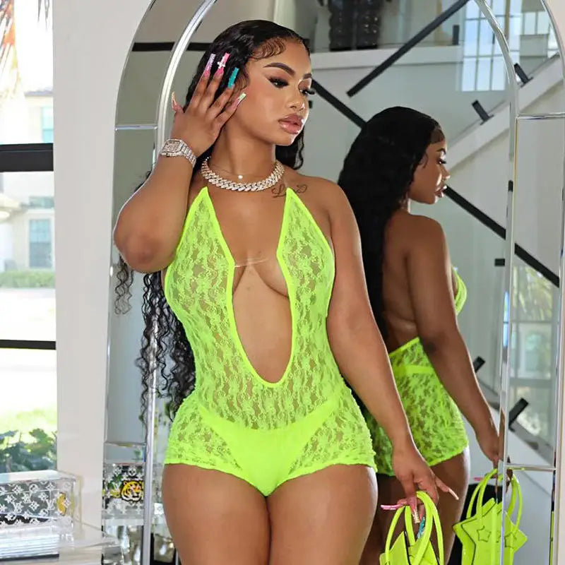 2024 Women's Sexy Solid Bodycon Jumpsuit New See-Through Deep V-Neck Sleeveless with Lace-up Backless Detail for Summer Sports